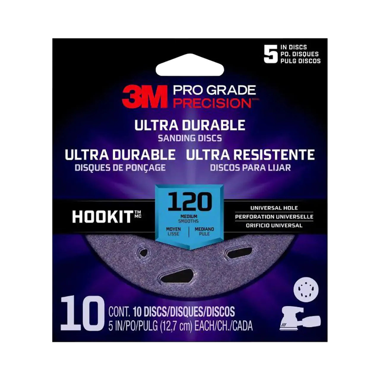 A box of Go Build Pro Grade Precision 5 in. Ultra Durable Universal Hole Sanding Discs - 120-Grit, with Hookit attachment, includes 10 discs. The packaging features a sleek black and purple design.